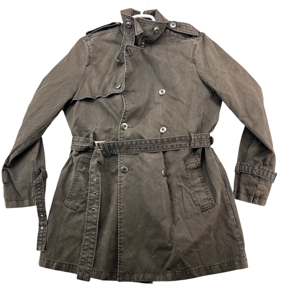Rogue Mens Double Breasted Trench Coat Brown Cotton Distressed Belted Jacket XL